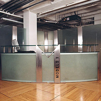 Stainless Steel & Sand Blasted Curved Glass Reception Desk 